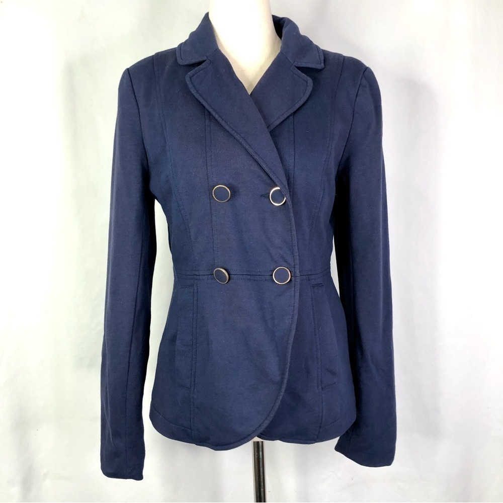 H&M navy blazer double breasted equestrian style jersey knit cotton poly 10